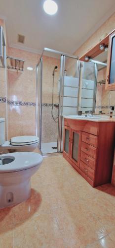 een badkamer met een toilet, een douche en een wastafel bij Exclusive Penthouse Pool & Beach - Lovely for families - Los Pinos Residential in El Campello