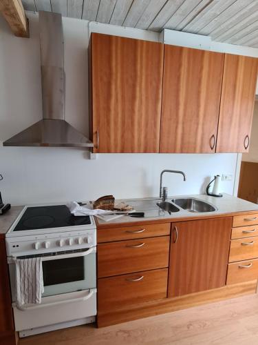 a kitchen with a stove and a sink at Lgh centralt i Ystad in Ystad