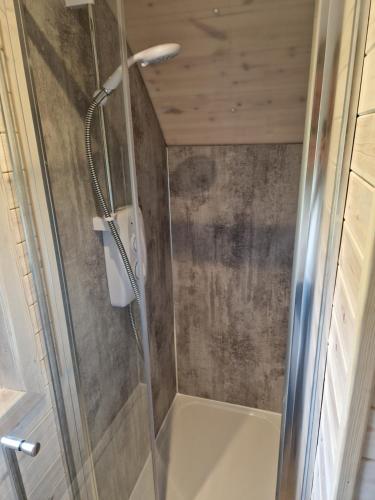 a shower with a glass door in a bathroom at Tighlochan pods in Scourie