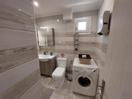 La petite salle de bains est pourvue de toilettes et d'un lavabo. dans l'établissement Marina's apartment, à Peraia