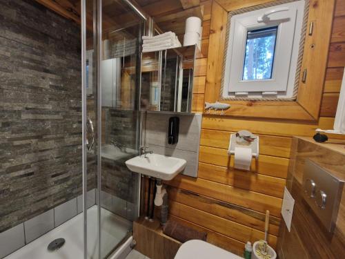 a bathroom with a shower toilet and a sink at Pod Czarnym Dzięciołem - dom z widokiem i prywatną balią in Mazówki