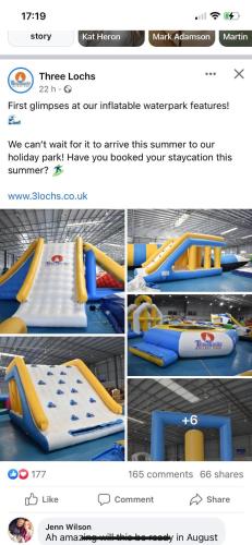 a collage of four pictures of a inflatable water park at Loch Heron View in Newton Stewart