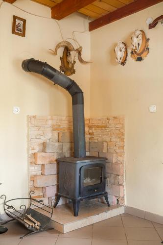 a fireplace in a living room with a stove at Domek Bogdanka in Polańczyk