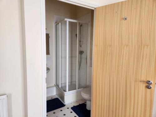 a bathroom with a toilet and a shower at 4 Goodman Lodge & 7 goodman Lodge in Thornton Heath