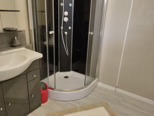 um chuveiro com uma porta de vidro na casa de banho em jolie Mazet avec piscine privée ! em Nîmes