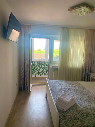 a bedroom with a bed and a window with a view at Apartament Carolina Parc in Alba Iulia
