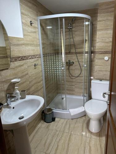 a bathroom with a shower and a sink and a toilet at Dorul Pescarului in Curtea de Argeş