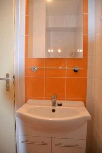 a bathroom with a white sink and an orange wall at Vakantie Accommodatie Egelantier in Dwingeloo