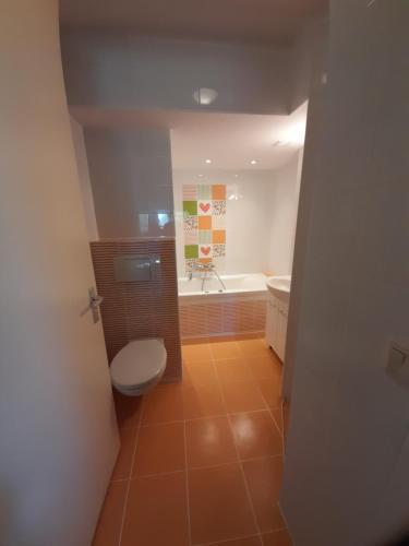 a bathroom with a toilet and a tub and a sink at Vakantie Accommodatie Egelantier in Dwingeloo