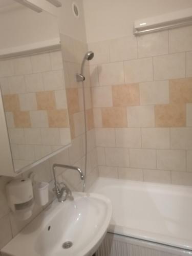 a white bathroom with a sink and a shower at RsG Home in Keszthely