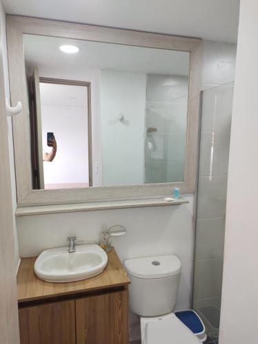 bagno con lavandino, servizi igienici e specchio di penthouse a Bello