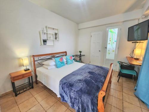 a bedroom with a bed and a desk and a television at Cerrito Tropical Eco Lodge in Taboga