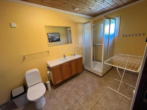 La salle de bains est pourvue de toilettes, d'un lavabo et d'une douche. dans l'établissement Långrösta 48-49, Appartementen in Hagfors, à Hagfors