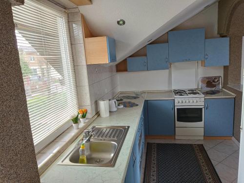 a small kitchen with blue cabinets and a sink at Urban oasis in Cazin in Cazin