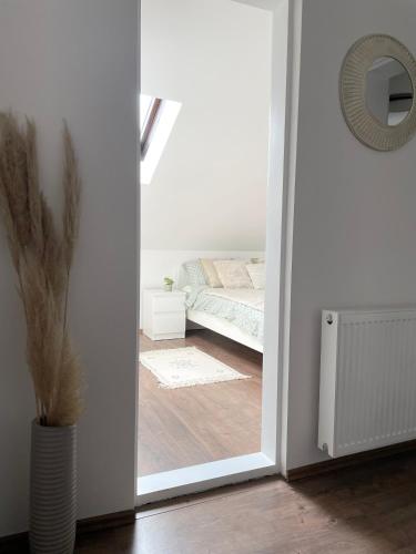 a door leading to a bedroom with a bed and a mirror at Stari grad 2 in Valjevo