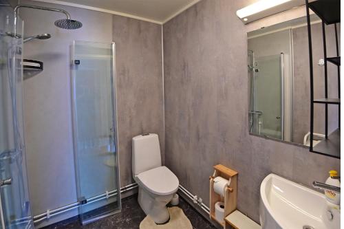 a bathroom with a toilet and a sink and a shower at Rivdnji Holiday Home Smørfjord in Russenes