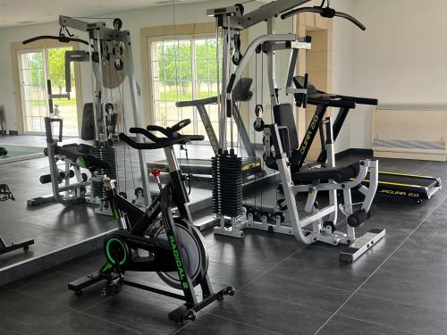a gym with several tread machines in a room at La Grande Suite du Château Saint-Laurent in Saint-Laurent-de-Médoc