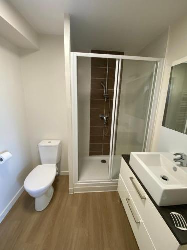 une salle de bain avec une douche, des toilettes et un lavabo dans l'établissement Les Dunes du Soleil, à La Grande Motte