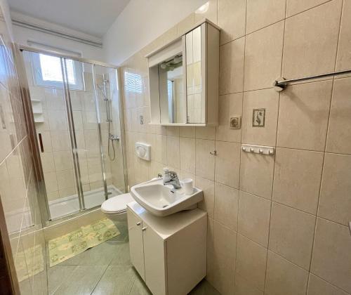uma casa de banho com um lavatório, um chuveiro e um WC. em Bed&Breakfast Nada em Privlaka