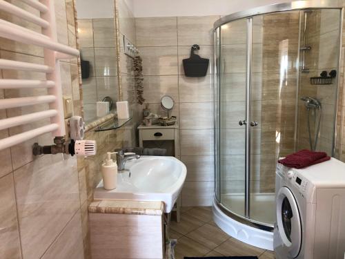 ein Bad mit einem Waschbecken und einer Dusche in der Unterkunft Apartament Na Wydmie in Ustka