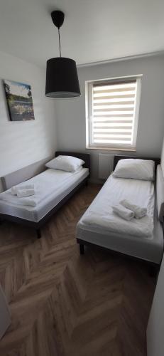 1 dormitorio con 2 camas y ventana en Laurowa en Tyczyn