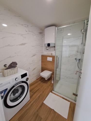 uma casa de banho com uma máquina de lavar roupa e um chuveiro em Apartman Tea em Mali Lošinj