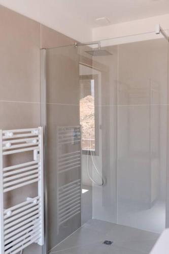 une salle de bain avec une douche avec une porte vitrée dans l'établissement Villa luxe avec piscine et belle vue mer, à Pietrosella