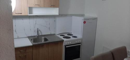 a small kitchen with a stove and a sink at Apartman Vrbas in Jajce