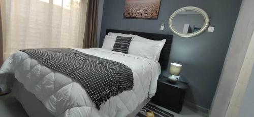 a bedroom with a large bed and a mirror at Zachi Apartments in Kitwe