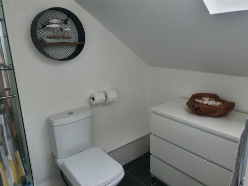 ein Badezimmer mit einem WC und einer Uhr an der Wand in der Unterkunft 1 Bedroom Annexe Bagthorpe Brook Nottinghamshire in Nottingham