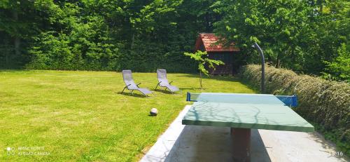 a ping pong table and two chairs in a yard at Villa FRIDA in Rogaška Slatina