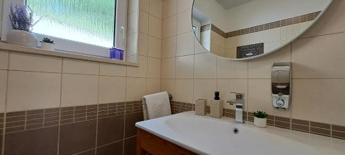 ein Badezimmer mit Waschbecken und Spiegel in der Unterkunft Villa HAUS NIKO in Senj