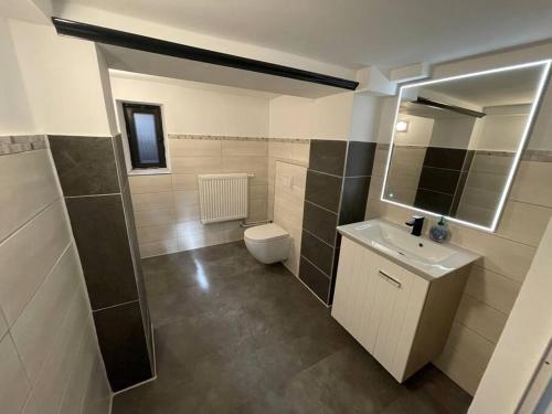 ein Badezimmer mit einem WC, einem Waschbecken und einem Spiegel in der Unterkunft Schönes Reihenhaus mit Garten in Magdeburg