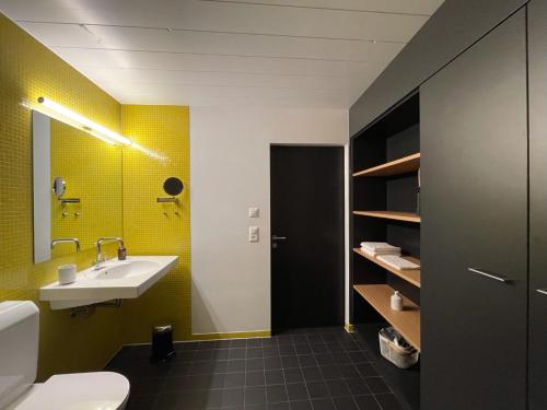 a bathroom with a sink and a toilet at Altstadthaus - neu renoviert, barrierefrei in Murten