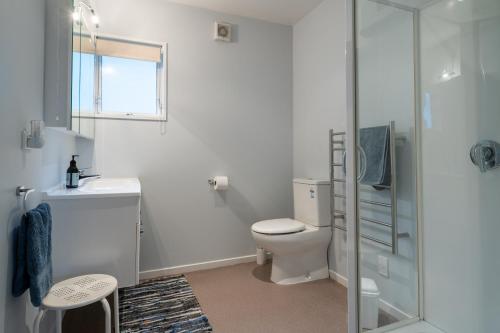 a bathroom with a toilet and a glass shower at Beachside Apartment in Hokitika