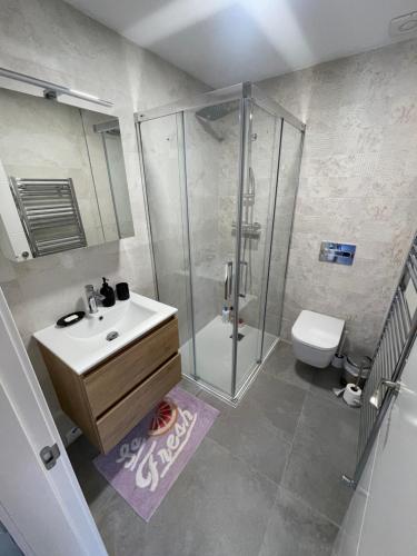 ein Bad mit einer Dusche, einem Waschbecken und einem WC in der Unterkunft Apartamento Recién Reformado en Somo junto iglesia in Somo