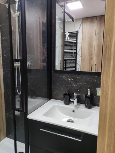 a bathroom with a sink and a shower at Apartament HARMATA Jagiellońska 42 new 2023 in Warsaw