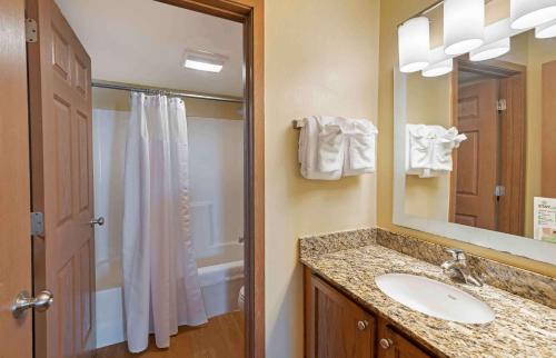 a bathroom with a sink and a mirror and a shower at Extended Stay America Suites - Norfolk - Virginia Beach in Virginia Beach