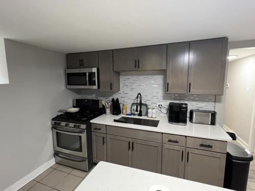 una pequeña cocina con fogones y fregadero en Modern 3 Bedroom Close to Downtown Chicago, en Chicago