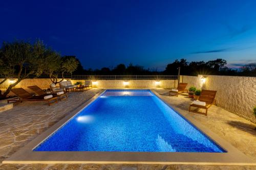 Seven Olives Guest House with heated pool near Krka waterfalls في Planjane: وجود مسبح في الحديقة الخلفية ليلا