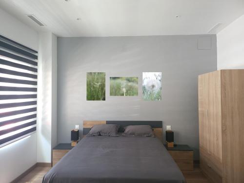 1 dormitorio con 1 cama y 2 cuadros en la pared en Precioso estudio con dos ambientes, en Madrid
