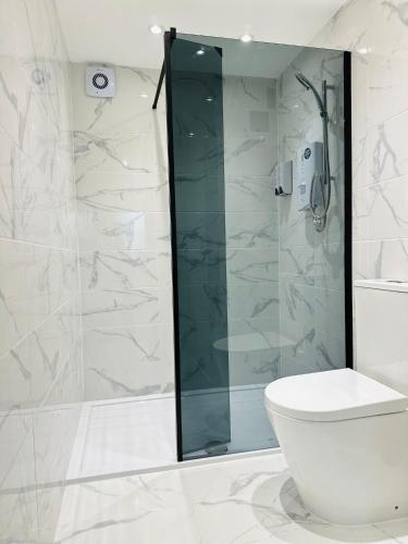 a bathroom with a toilet and a glass shower at Canopy Aldgate in London