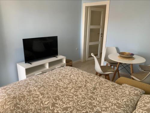 a bedroom with a bed and a tv and a table at Popi in Budva