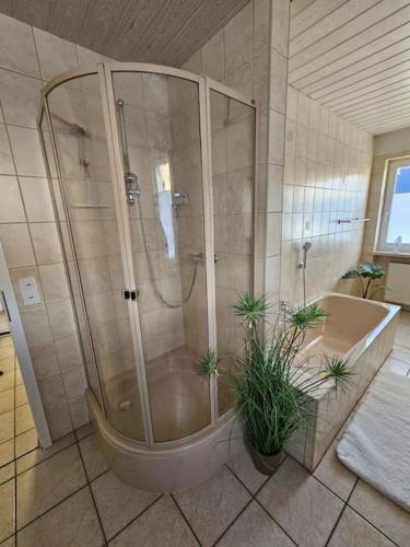 a bathroom with a shower and a bath tub at Ferienhaus Distelfink Gudensberg Urlaub in der Mitte von Deutschland documenta 16 in Gudensberg