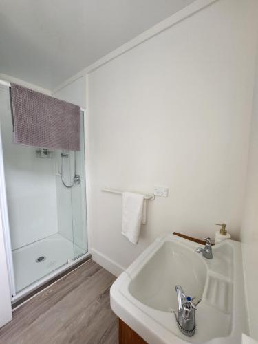 y baño blanco con lavabo y ducha. en Caithness en Roxburgh