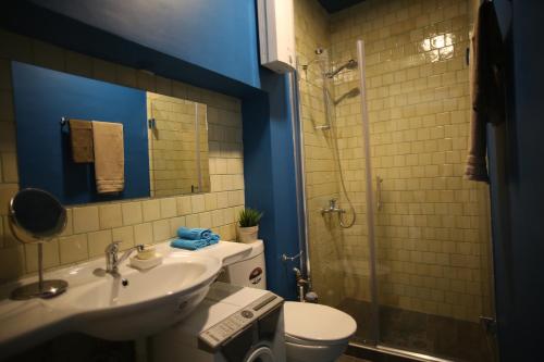 a bathroom with a sink and a toilet and a shower at Del Toro Apartment in Skopje