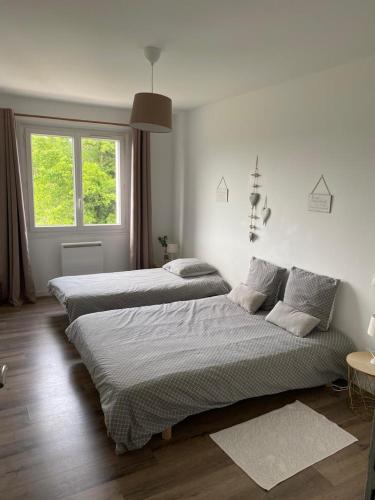 deux lits dans une chambre blanche avec une fenêtre dans l'établissement Logement à Brive proche centre-ville et campagne - climatisation, Wifi, coin exterieur et parking privés, à Brive-la-Gaillarde