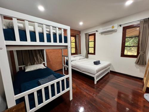 1 Schlafzimmer mit 2 Etagenbetten in einem Zimmer in der Unterkunft D.I.N @ทองผาภูมิ in Ban Pracham Mai Bon