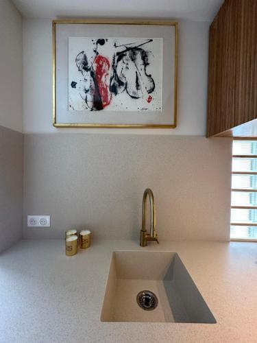 eine Küchentheke mit Spüle und ein Bild an der Wand in der Unterkunft Chez Victorine Saint-Tropez in Saint-Tropez