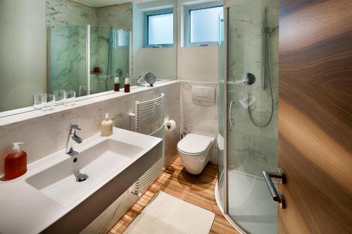 a bathroom with a sink and a shower and a toilet at Villa Alvarium in Schenna